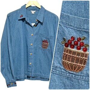 NWT CJ Banks Y2K Embroidered Denim Shirt Apples Basket Autumn Fall Womens Large